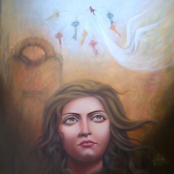 Painting titled "UNLOCKING INNERSELF" by Suddha Sama, Original Artwork, Oil Mounted on Wood Stretcher frame