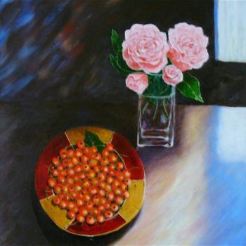 Peinture intitulée "Cerises et roses" par Mog, Œuvre d'art originale, Huile