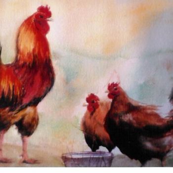 Ζωγραφική με τίτλο "coq et poules" από Mickael Thébault, Αυθεντικά έργα τέχνης