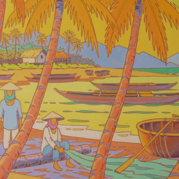Painting titled "mer de chine.vietnam" by Gilles Mével, Original Artwork, Acrylic Mounted on Wood Stretcher frame