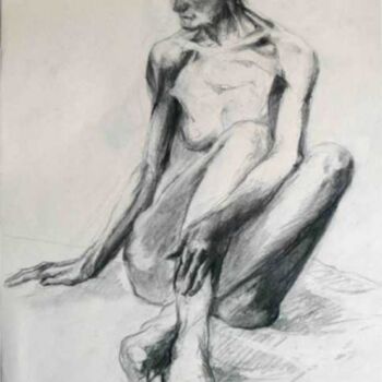 Dessin intitulée "Sylviane assise" par Sandrine Wely, Œuvre d'art originale, Fusain