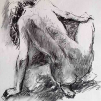 Drawing titled "Nu féminin dos 2" by Sandrine Wely, Original Artwork, Charcoal