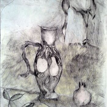 Printmaking titled "Still life with bird" by Janna Shulrufer, Original Artwork, Engraving