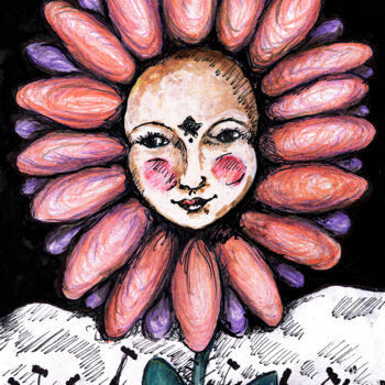 Dessin intitulée "Fleur à Visage" par Karine Garelli (Reds Robin), Œuvre d'art originale, Autre