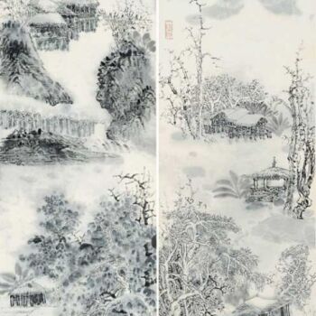 Painting titled "张东林双屏山水精品：清湘图" by Dong Lin Zhang, Original Artwork, Oil