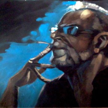 Schilderij getiteld "smoking in blue" door Paulus Hoffman, Origineel Kunstwerk, Olie