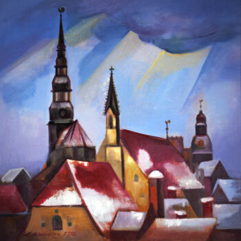 Peinture intitulée "Old Riga roofs in w…" par Laine Kainaize, Œuvre d'art originale, Huile