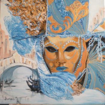 Painting titled "Masque bleu/or (2)…" by Josette Bourgeois, Original Artwork, Oil