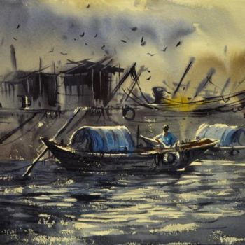 Painting titled "Kolkatta_BabuGhat02" by Kishore Singh, Original Artwork