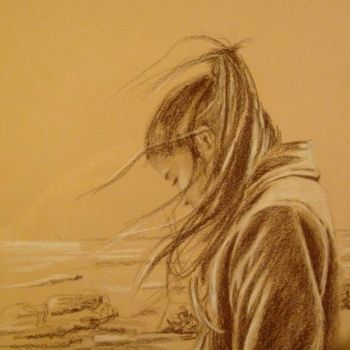 Σχέδιο με τίτλο "CHEVEUX AU VENT" από Stephanie Ledroit, Αυθεντικά έργα τέχνης, Μολύβι