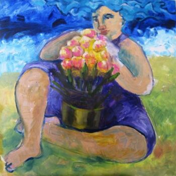 Ζωγραφική με τίτλο "Na praia, com flore…" από Maria Lucia Pacheco, Αυθεντικά έργα τέχνης, Λάδι