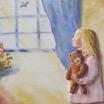 Peinture intitulée "fillette et nounours" par Géraldine Streichert, Œuvre d'art originale, Huile