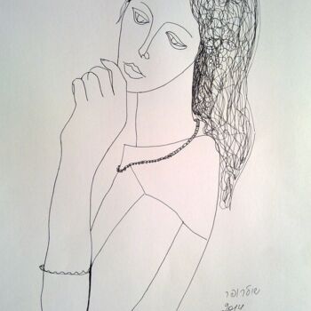 Drawing titled "Pensative girl" by Janna Shulrufer, Original Artwork, Gel pen