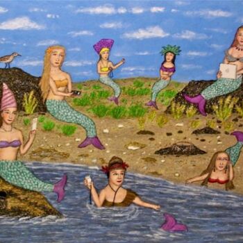 绘画 标题为“Mermaids Go Hi-Tech” 由Stephen Warde Anderson, 原创艺术品, 丙烯 安装在其他刚性面板上
