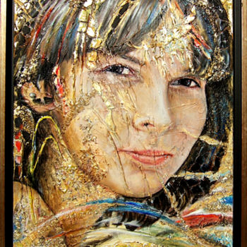 Painting titled ""Jeune fille parée…" by Jean-Jacques Briquet, Original Artwork, Oil Mounted on Wood Stretcher frame