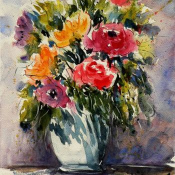 Painting titled "Vaso di fiori" by Tito Fornasiero, Original Artwork, Watercolor