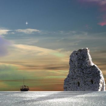 Digital Arts titled "Bateau et rocher" by Max Parisot Du Lyaumont, Original Artwork, Digital Painting Mounted on Aluminium