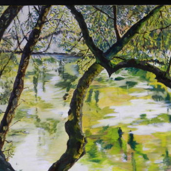 Painting titled "L'Ouysse" by Brigitte Mathé (MBL), Original Artwork, Oil Mounted on Wood Stretcher frame