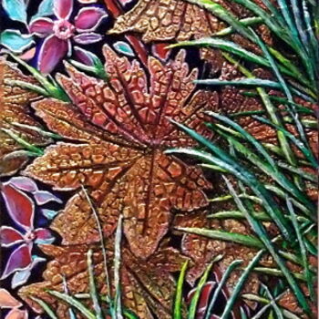 Painting titled ""Feuilles et fleurs…" by Jean-Jacques Briquet, Original Artwork, Acrylic Mounted on Wood Stretcher frame