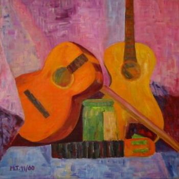 Malerei mit dem Titel "Guitare cassée" von Myriam Thomas, Original-Kunstwerk, Öl