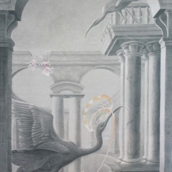 Painting titled "Ibis rouge fleurs" by Isabelle Molinard, Original Artwork, Other
