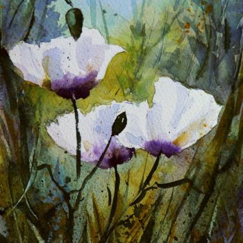 Painting titled "Papaveri bianchi" by Tito Fornasiero, Original Artwork, Watercolor