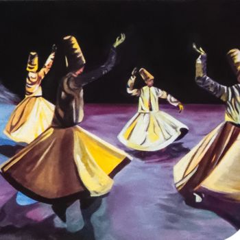 Painting titled "Derviches Tourneurs" by Brigitte Mathé (MBL), Original Artwork, Oil Mounted on Wood Stretcher frame