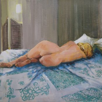 Painting titled "Nu au drap bleu" by Jean-Paul Schmitt, Original Artwork, Oil