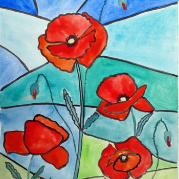 Peinture intitulée "Coquelicots vitrail" par Marian Cobos, Œuvre d'art originale, Huile
