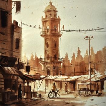 Schilderij getiteld "mahboob-chowk-clock…" door Kishore Singh, Origineel Kunstwerk, Olie