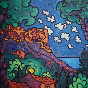 Peinture intitulée "Cassis la nuit vue…" par Gwendoline Pieters, Œuvre d'art originale, Huile