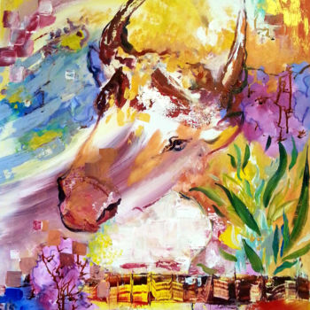 Peinture intitulée "le taureau" par Nanou, Œuvre d'art originale, Huile