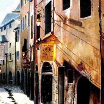 Painting titled "Walk the old streets" by Sergey Lutsenko, Original Artwork, Oil Mounted on Wood Stretcher frame