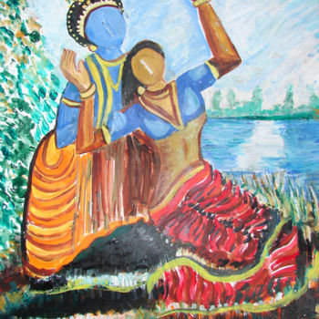 Painting titled "KRISHNA RADHA IN RO…" by Anandswaroop Manchiraju, Original Artwork, Oil