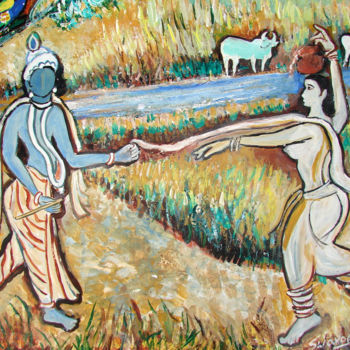 Peinture intitulée "KRISHNA RADHA IN RO…" par Anandswaroop Manchiraju, Œuvre d'art originale, Huile