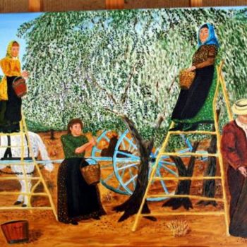 Peinture intitulée "La cueillette des o…" par Jean Guyou, Œuvre d'art originale, Huile