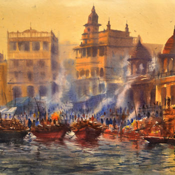 Painting titled "Manikarnika Ghat,pr…" by Kishore Singh, Original Artwork