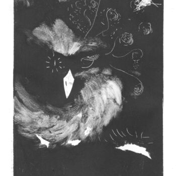 Gravures & estampes intitulée "La Chouette Zoa" par M Batté Gauthier, Œuvre d'art originale, Monotype