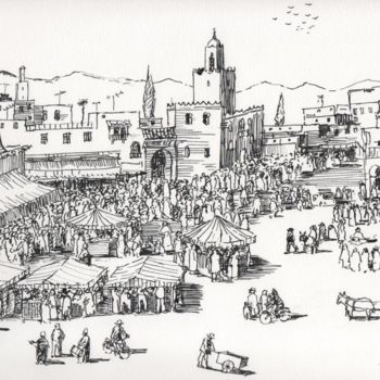 Desenho intitulada "La place Jamaa el f…" por Abdellatif Zeraidi Bd Lltyf Lzrydy, Obras de arte originais, Outro
