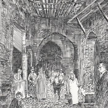 Desenho intitulada "Un souk à Fès (Maro…" por Abdellatif Zeraidi Bd Lltyf Lzrydy, Obras de arte originais, Outro