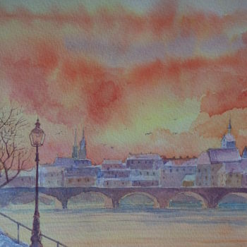 Peinture intitulée "Crépuscule à Bâle (…" par Abdellatif Zeraidi Bd Lltyf Lzrydy, Œuvre d'art originale, Aquarelle