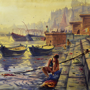 Painting titled "man-mandir-ghat-var…" by Kishore Singh, Original Artwork, Watercolor