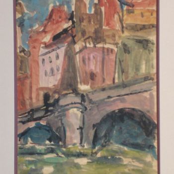 Peinture intitulée "pont en rouge et ro…" par Ioana, Œuvre d'art originale, Gouache