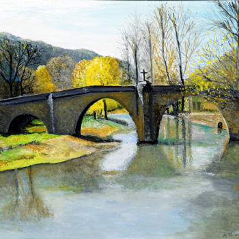 Peinture intitulée "Pont médiéval de Be…" par André Thiersm&Rie-Francoise, Œuvre d'art originale, Huile