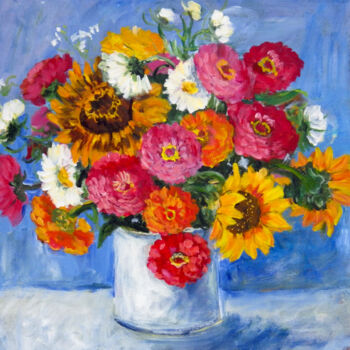 Schilderij getiteld "Zinnias ad Sunflowe…" door Ingrid Dohm, Origineel Kunstwerk, Acryl