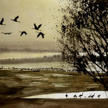 Painting titled "Lac du Der" by Adyne Gohy, Original Artwork, Watercolor