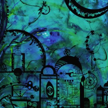 Malerei mit dem Titel "Cité bleue II" von Mona Bessaa, Original-Kunstwerk, Acryl