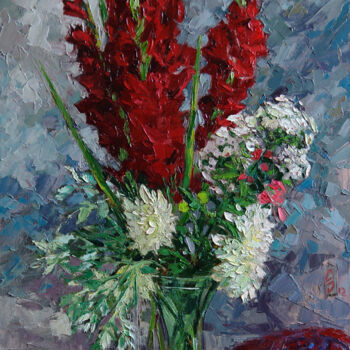Painting titled "Gladioli, Dahlias a…" by Sergey Sovkov, Original Artwork, Oil