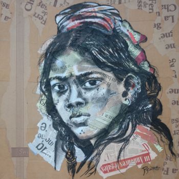 Dessin intitulée "Indienne" par Hélène Py, Œuvre d'art originale, Fusain
