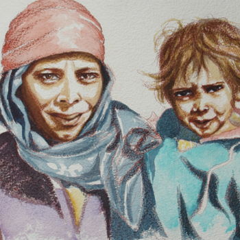 Peinture intitulée "Mère et fille Egypte" par Hélène Py, Œuvre d'art originale, Aquarelle